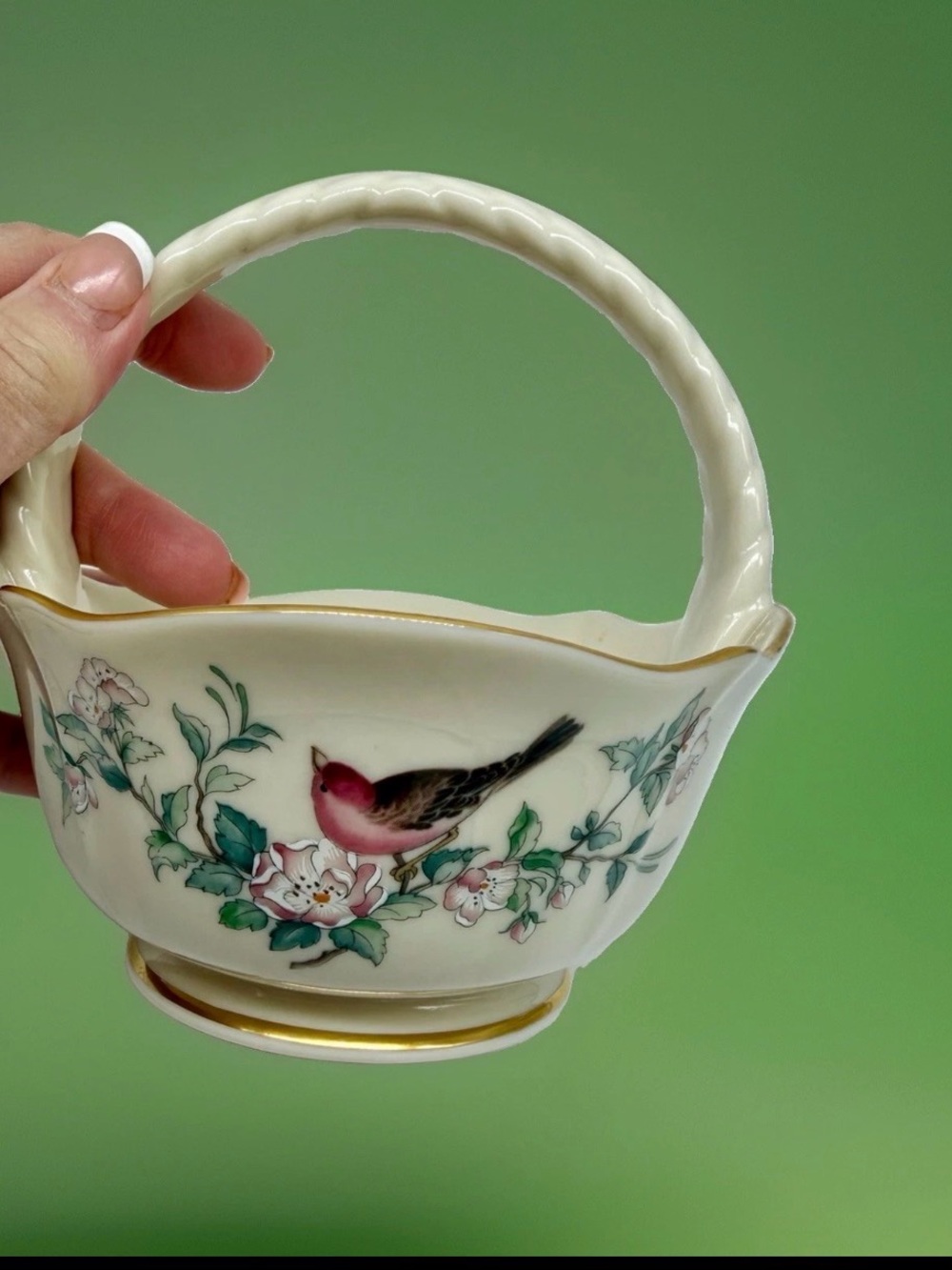 Lenox Cream Porcelain Basket with Pink Songbird and Green Floral Motif